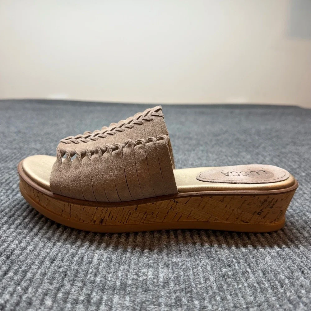 Lucca Lane Kalista Wedge Slide Sandals Womens 9M Tan Suede Cork Comfort Shoes